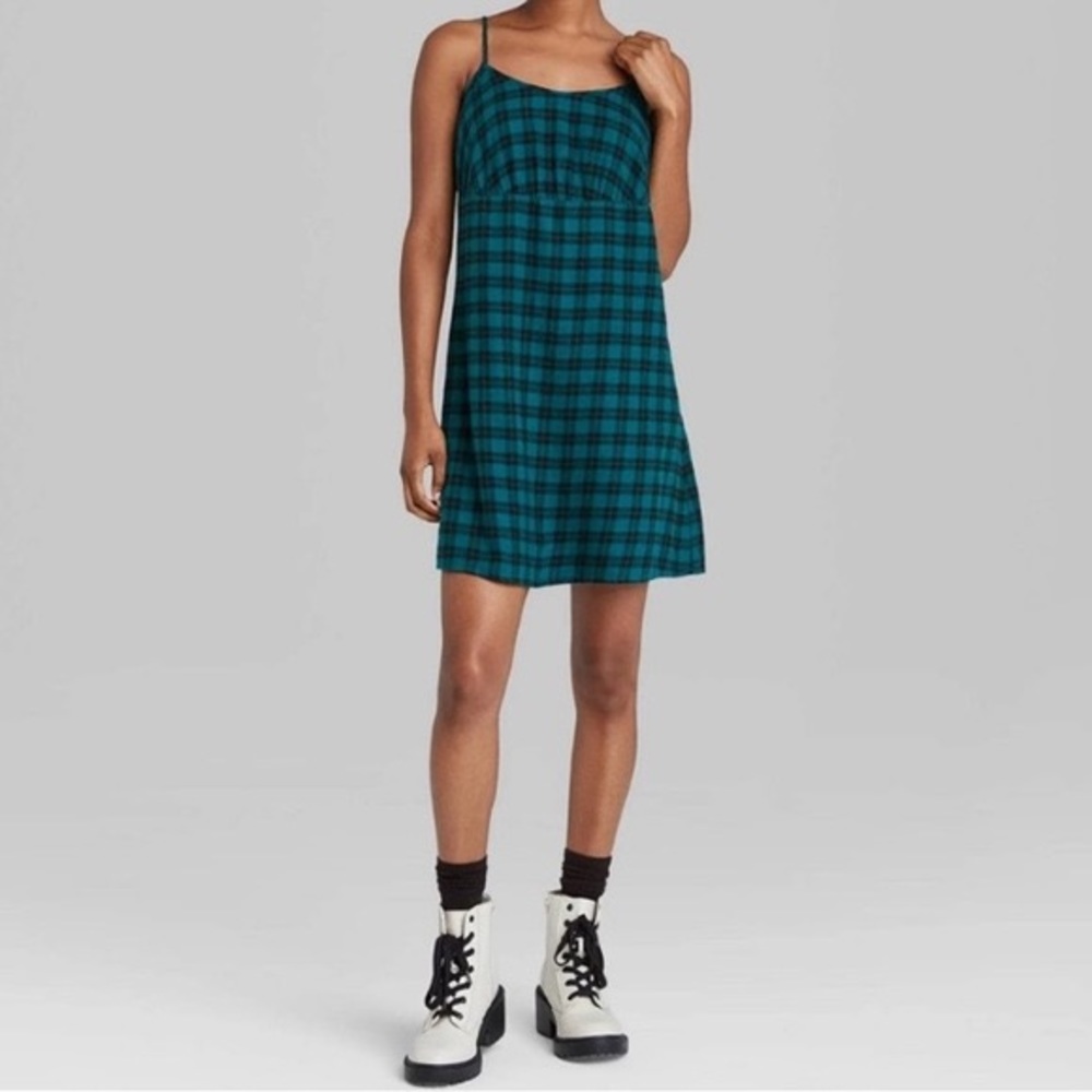 Green plaid spaghetti strap dress